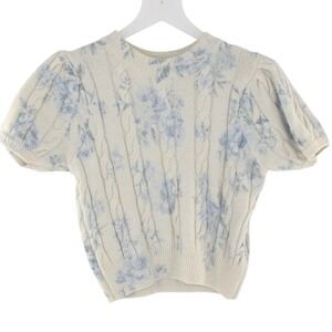 Sincerely Jules Cable Knit Sweater Floral Puff Sleeve Size S Cream Blue ST692V2